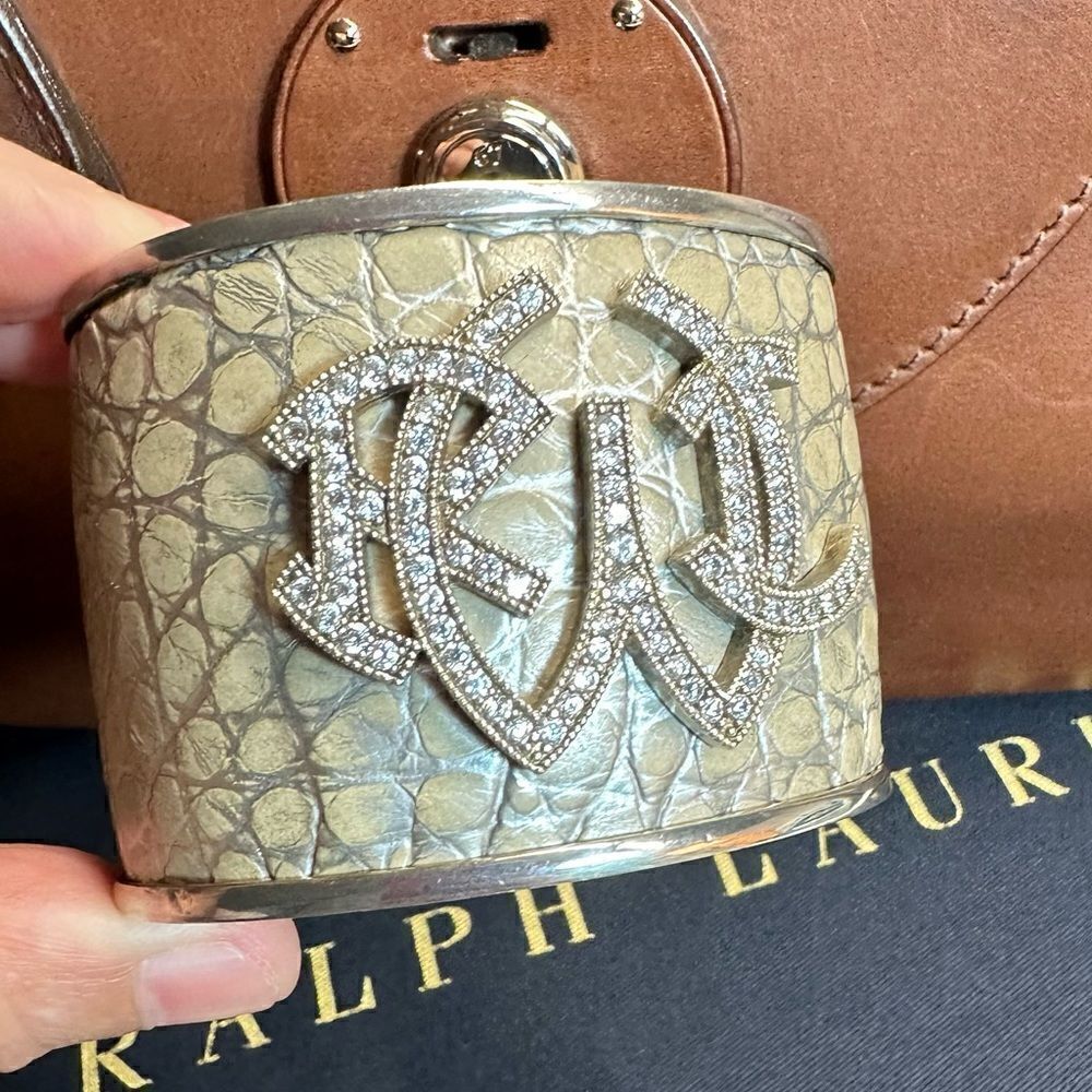 *Ralph Lauren Collection Crystal Monogram Sterling Taupe Alligator Cuff Bracelet